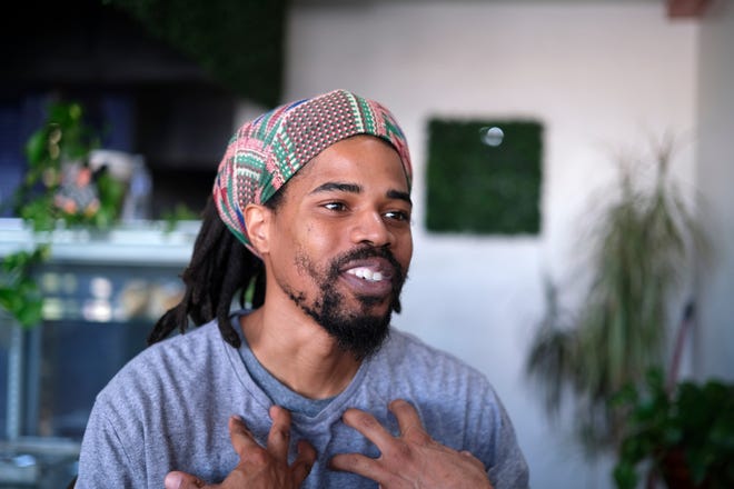 Dominique Raney talks April 11 inside Betty's, his plant-based to-go restaurant in Oklahoma City.